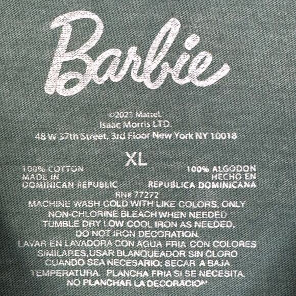 Barbie Wms XL Greenish Gray Crop SS Tee Shirt Pink Car Graphic Lettering Boxy - Picture 6 of 7
